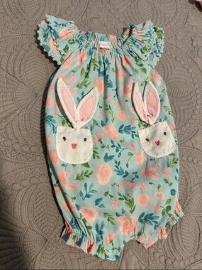 Mud Pie Pastel Easter Floral Baby Romper with Bunny Ears - Blue, Pink & Green